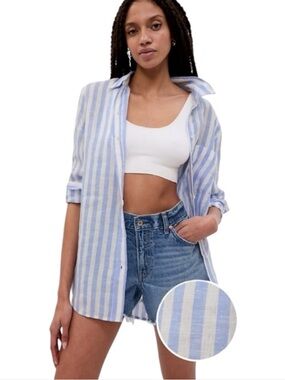 Gap Linen Boyfriend Button Up Shirt Size M Blue White Coastal Striped Top